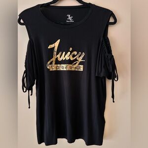 Juicy Couture Black Logo Cold Shoulder Top Gold Graphic Size M